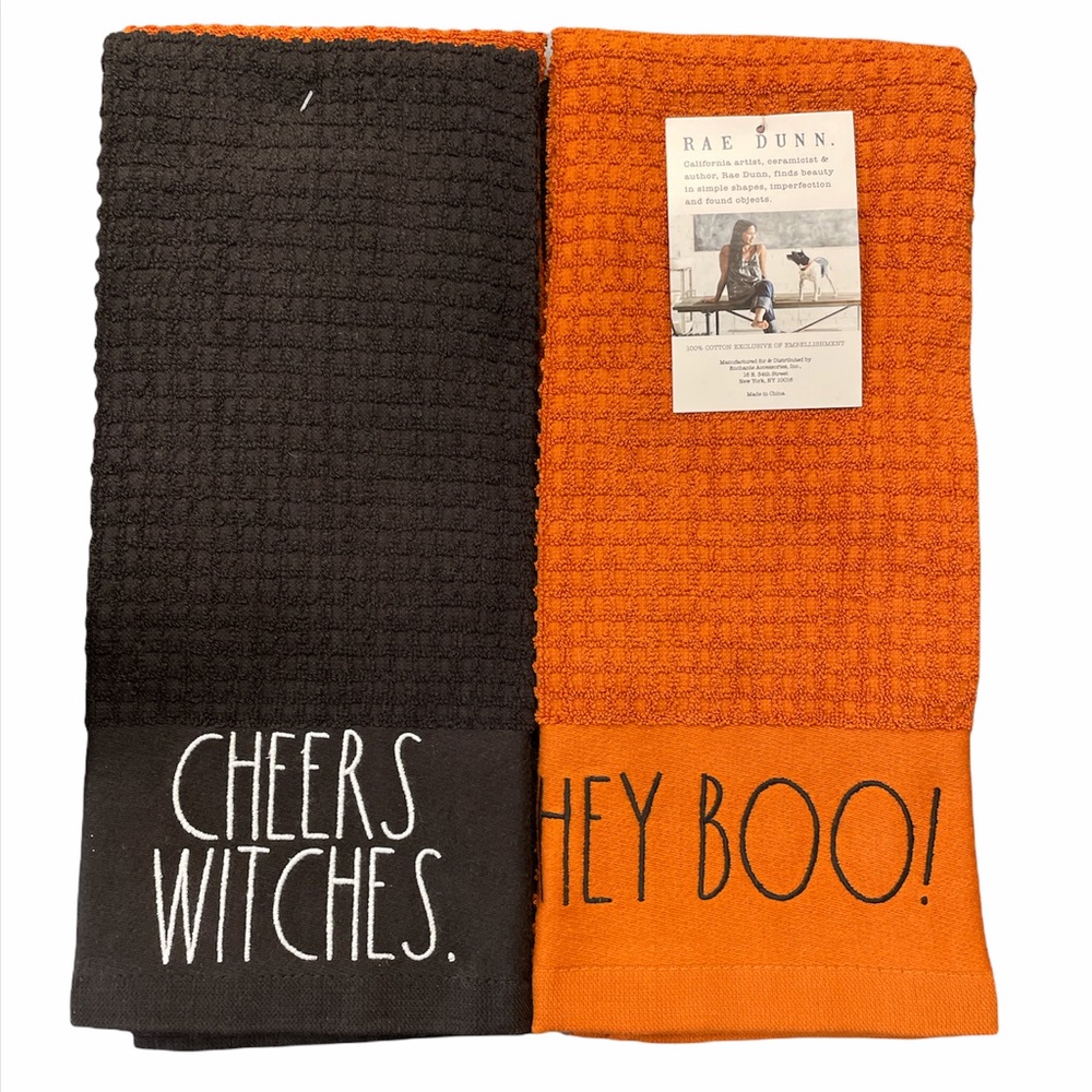 Rae Dunn CHEERS WITCHES/HEY BOO! Halloween Kitchen Towel Set